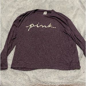 Soft purple sweater like long sleeve shirt, size M, shiny “pink” across front